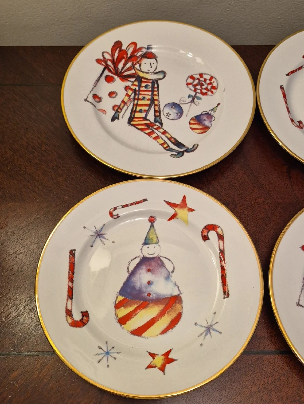 ROSANNA Italy, LOT of 4 Salad Plates, Christmas‎ Plates Candy Cane Bear Snowman